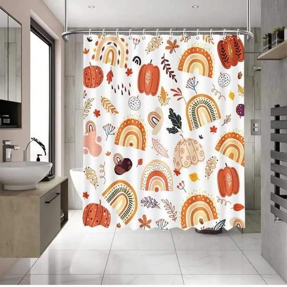 MEHOFOND Fall Pumpkin Boho Rainbow Shower Curtain 72x72 Hooks New
